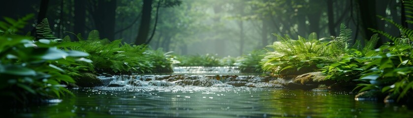 A clear stream in a forest, set against an isolated blue background, with bottom copy space