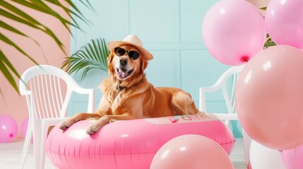 A happy golden retriever wearing sunglasses and a hat, lounging on a pink inflatable with pastel-colored decor and balloons in the background.
