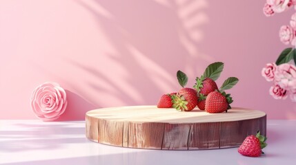Minimal wooden pedestal for product presentation in pastel pink background, fruit strawberry around