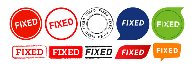 fixed rubber stamp and speech bubble label sticker sign for business service repair work