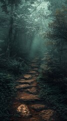 Deep forest path, isolated dark green background, large copy space bottom