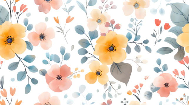 Pastel Floral Seamless Pattern isolated on a transparent background