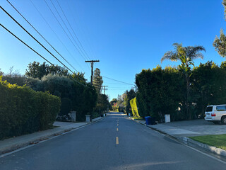 an empty residential street (driveways, homes, parked cars, telephone poles, hedges) beneath a bright blue summer sky in Los Angeles, California