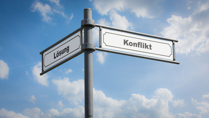 Fototapeta premium Signposts the direct way to conflict versus resolution