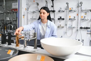 Woman choosing a shower head in a hardware store