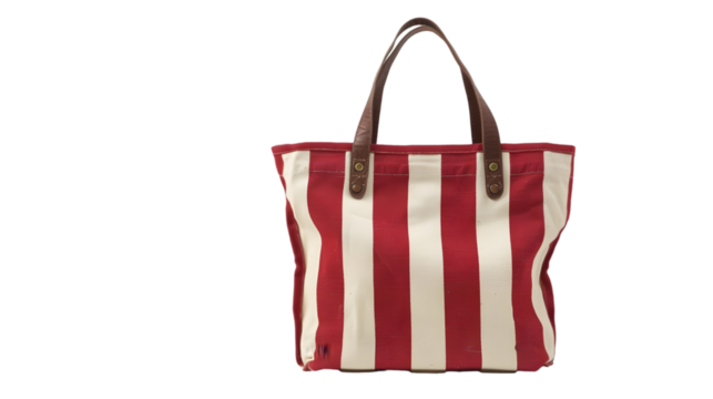 Red and white striped canvas tote bag isolated on a transparent background