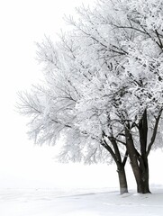 Fototapeta premium Frost-covered winter trees on a white backdrop with space for text