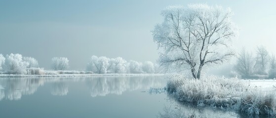Fototapeta premium Frozen lake at twilight, isolated light blue background, top copy space