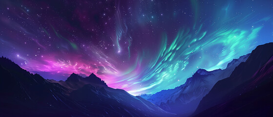 Breathtaking Aurora Borealis with Green and Purple Lights Over Mountain Peaks