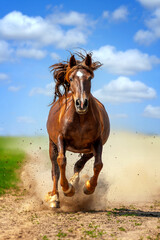 Brown horse running on dirt road