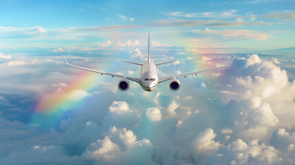 A commercial white airplane is flying in the sky above clouds among sky with a rainbow.