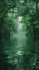 Fototapeta premium Jungle river at twilight, dark green backdrop, ample room for text above