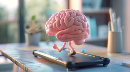 3D render of a cute pink brain running on a treadmill, in the style of a cartoon, with pastel colors, blurred background depicting an office space, minimalistic