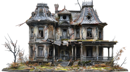 abandoned dilapidated house mansion for halloween isolated on a transparent background