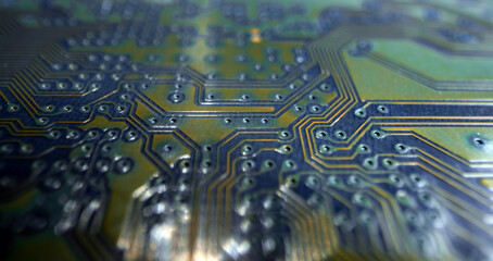 Circuit board. Technological electronic plate with roads and other components, selective focus....