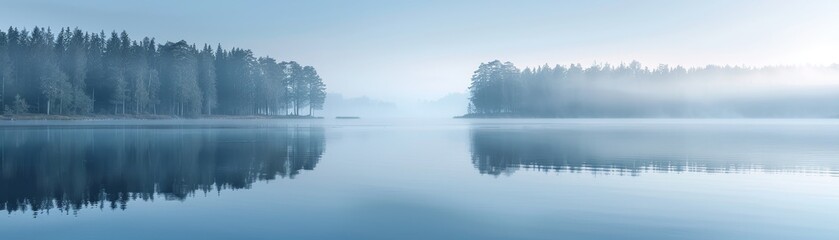 Fototapeta premium Misty dawn lake, light blue background with space on the right