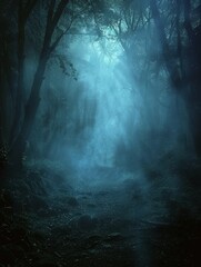 Mist over dark forest, isolated black background, bottom copy space