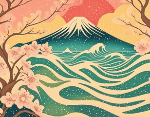 富士山と桜と海が見えるファンタジーな風景