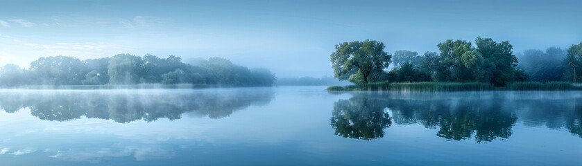 Obraz premium A misty lake at dawn against an isolated light blue background with copy space on the right