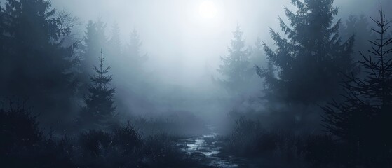 A moonlit forest path against an isolated dark grey background with top space for text