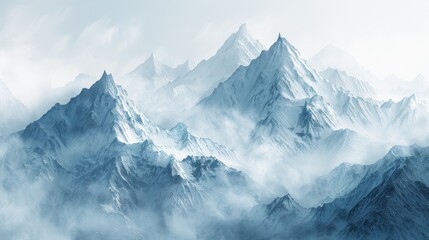 Obraz premium Misty mountains at dawn, isolated pale blue background, copy space bottom for text