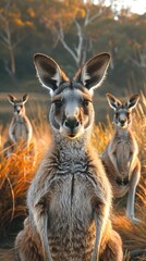 Across vast expanse of the Australian Outback a family of kangaroos grazes on native grasses their powerful hind legs ready to propel them forward in a single bound