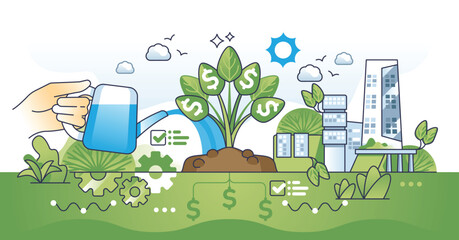 Green growth with sustainable and nature friendly profit outline hands concept. Financial development from ecological business vector illustration. Environmental and continuous economy. Growing money