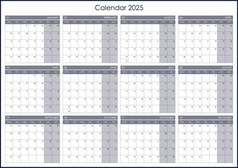 One page calendar for 2025, annual grid planner with blank copy space