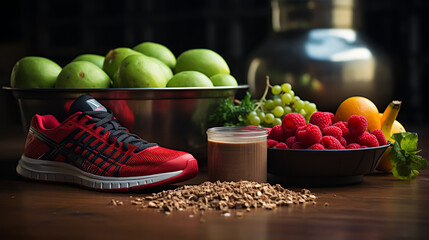 Pair of running shoes and healthy food composition on a wooden table background
