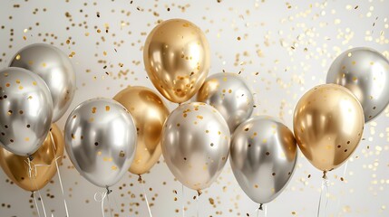 Gold and silver balloons on a white background with sparkles