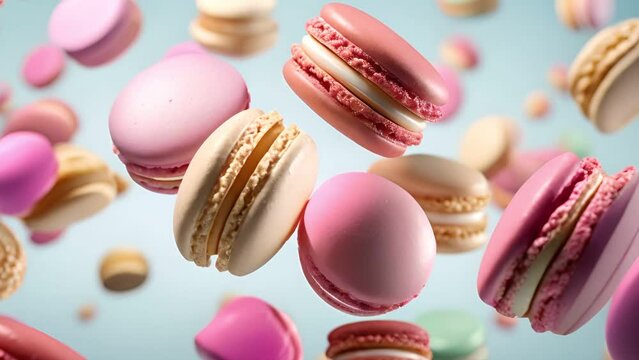 Colorful macarons flying on the air with among the crumbs isolated on white background