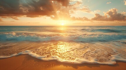 Golden sunrise over a tranquil beach with gentle waves