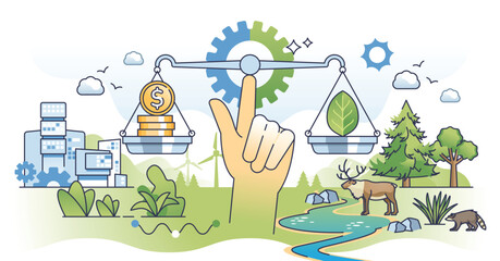 Sustainable finance investment for balanced eco impact outline hands concept. Nature friendly and green economical profit from renewable and ecological resources vector illustration. ESG measurement.