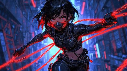 Portrait of an anime style cyberpunk female ninja warrior on a dark moody and atmospheric background