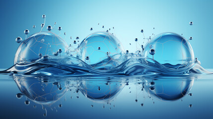 Transparent spheres on the water surface, 3d rendering. Computer digital drawing.