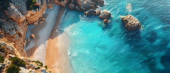 Stunning Aerial View of Breathtaking Turquoise Beach and Rocky Coast Landscape