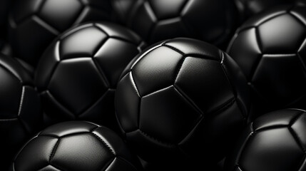 Black football or soccer ball on a matching black background with highlight on the textured surface and copy space