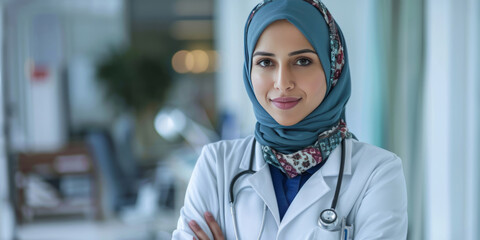 A Muslim female doctor standing in the office of a hospital, wearing a white coat and hijab with a stethoscope around her neck, smiling confidently.
