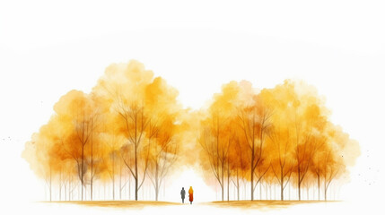 Watercolor hand drawn painting landscape with a couple in the autumn park
