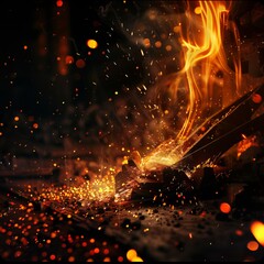 Molten metal and sparks in a dark forge, Dramatic, Warm and dark tones, Digital art, High contrast