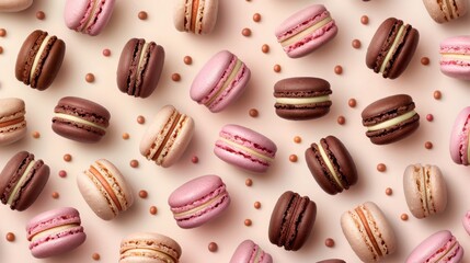 Obraz premium Pink, beige and brown macaroons laid flat on a pink background