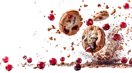 Broken integral tea pastry, cookies with cranberry and crumbs flying isolated on a transparent background