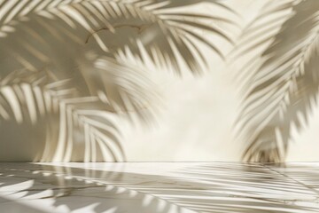 White Marble Table with Palm Leaves Shadow on Beige Wall Texture Background, Suitable for Product Presentation Backdrop, Display, and Mock up - generative ai
