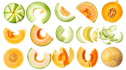 Cantaloupe, muskmelon half, honeydew slices, pieces isolated on a transparent background