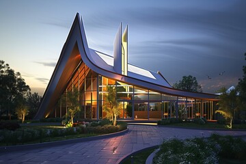 The image shows a modern church building with a curved roof and a large glass window. - Powered by Adobe