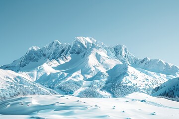 Obraz premium Snow-capped mountains, clear blue sky, light blue background, copy space below, serene and picturesque scene