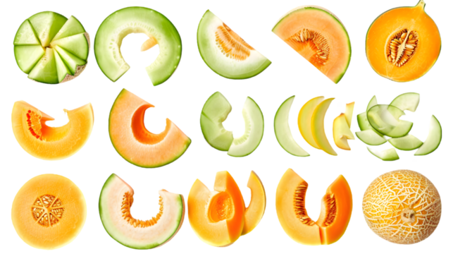 Cantaloupe, muskmelon half, honeydew slices, pieces isolated on a transparent background