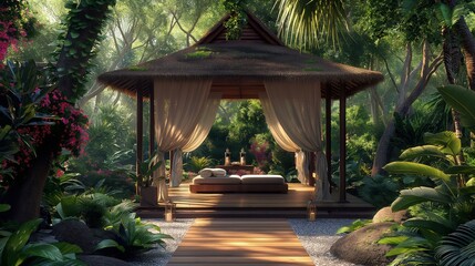 Obraz premium A serene and secluded tropical gazebo surrounded by lush greenery and vibrant flowers, offering a peaceful retreat in nature. 