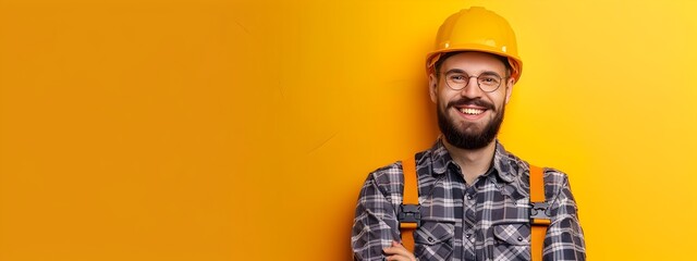 Fototapeta premium Confident Construction Worker in Hardhat Posing on Vibrant Background