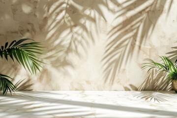 White Marble Table with Palm Leaves Shadow on Beige Wall Texture Background, Suitable for Product Presentation Backdrop, Display, and Mock up - generative ai
